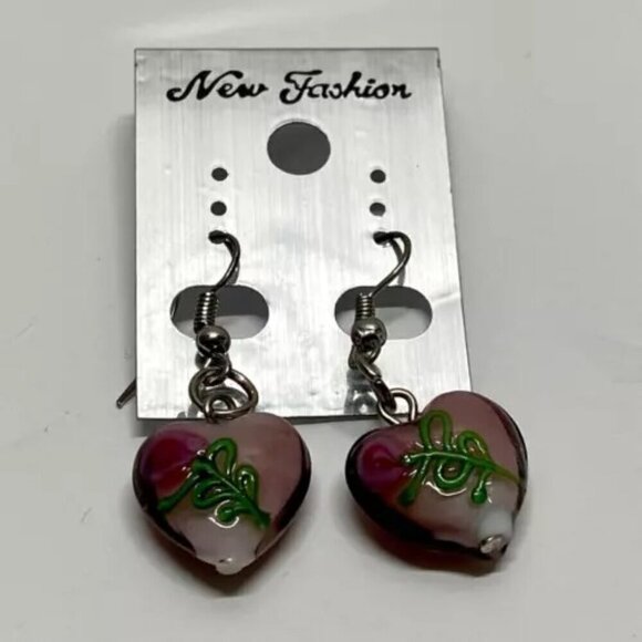 New Fashion Brand Earrings Murano Style Clear Purple Glass Dangle Heart Bead NWT - Picture 6 of 9